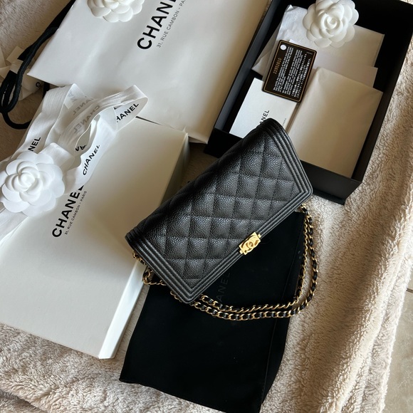 Chanel Black Caviar Quilted Boy Wallet On Chain - Picture 2 of 7